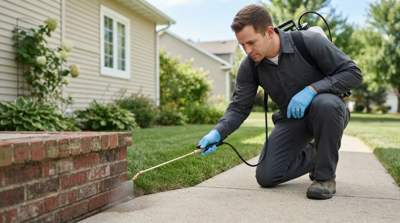 Pest control technician treating a home near Wellington, IL