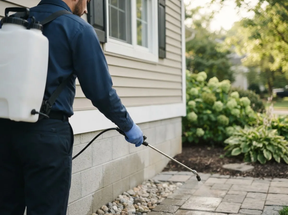 Pest control technician inspecting a home in Wellington, IL